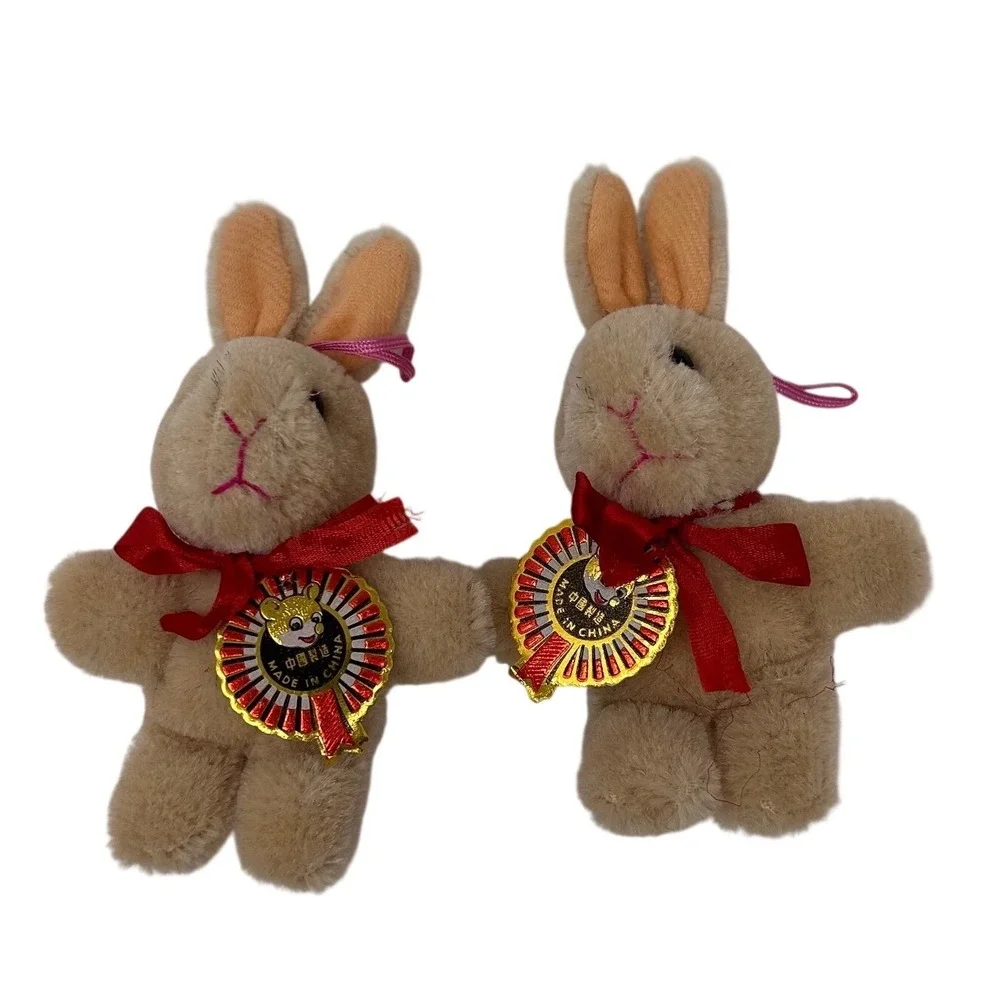 Vintage‎ Tan Plush Bunny Rabbit Pair Wool Mohair 5 Inch Shanghai Doll Factory